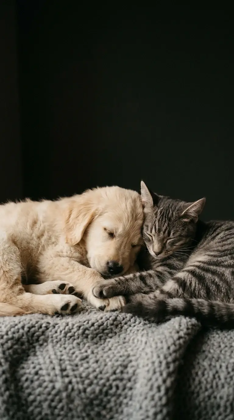 Golden retriever puppy and tabby cat sleeping together - Pet Taxi London
